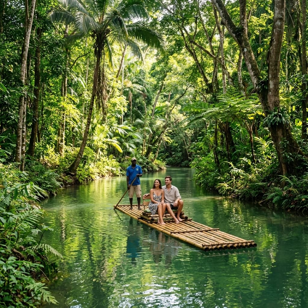 Bamboo raft on a calm jungle river in Jamaica
